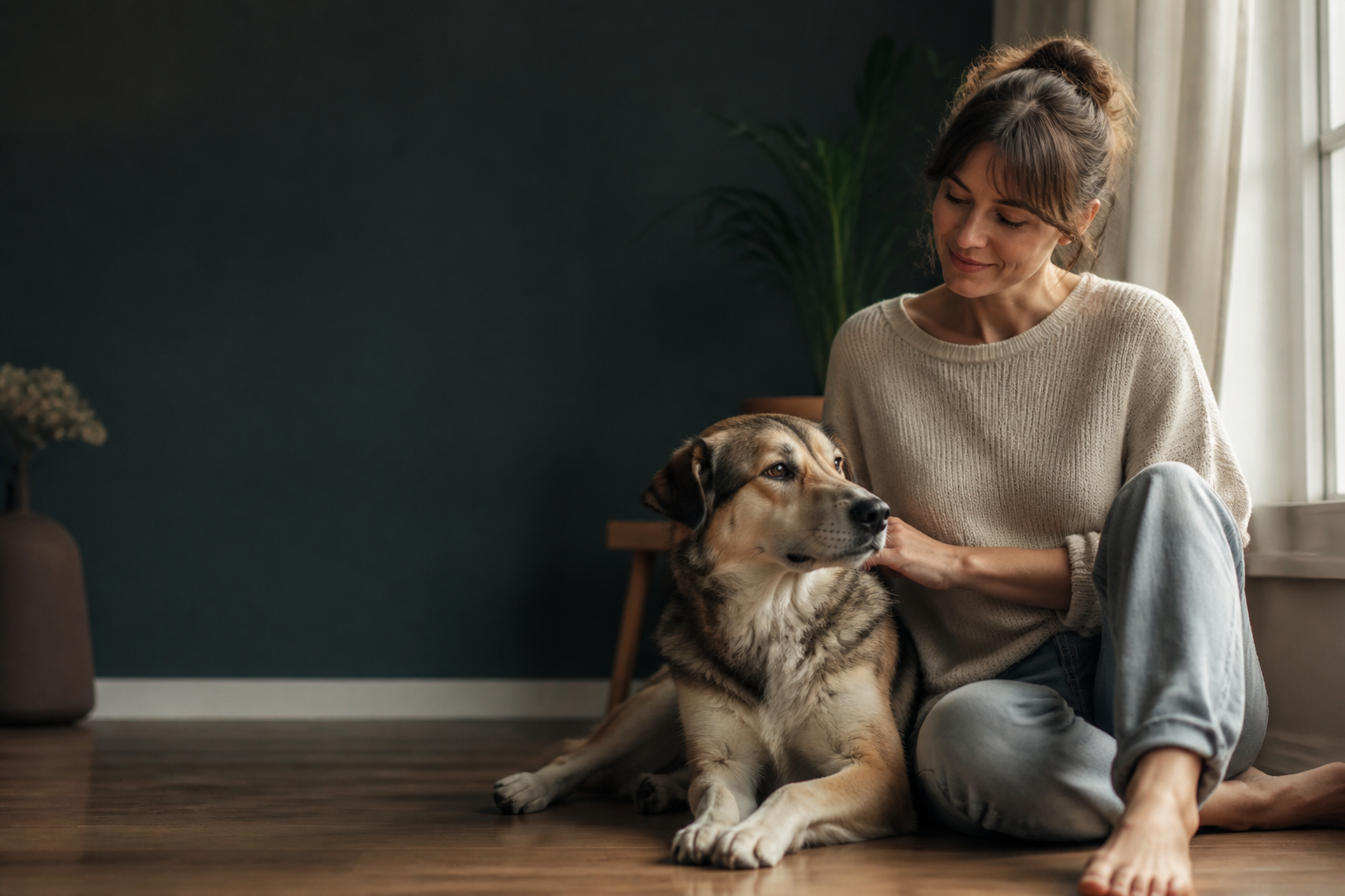 Entspannter Hund neben seiner Halterin in einer hellen, ruhigen Alltagssituation